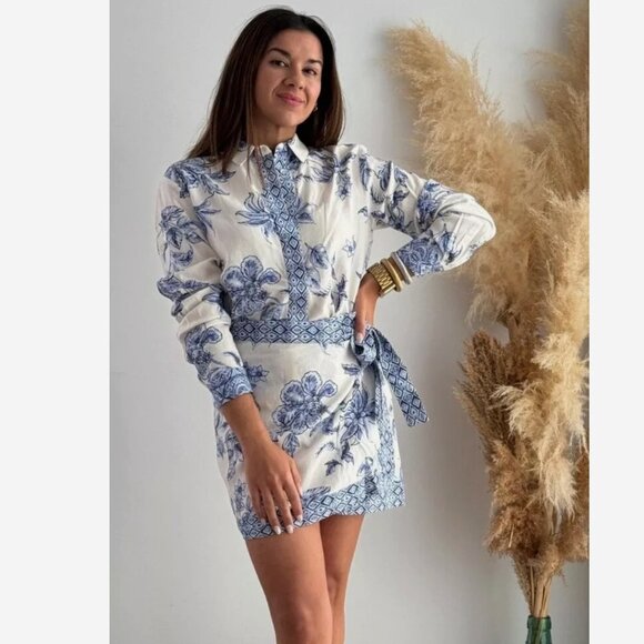 Zara woman floral linen viscose long sleeve shirt L white blue NWT 9878/097 - Picture 5 of 12